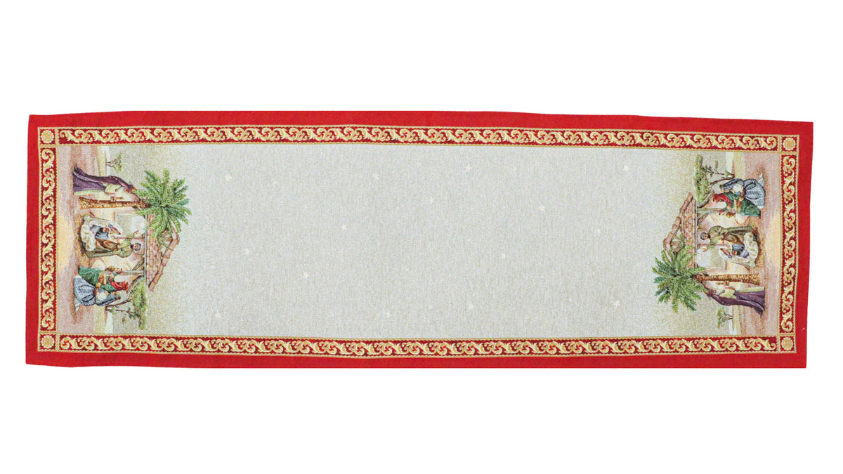 Karácsonyi asztali futó – Betlehemi, piros szélű mintás asztali futó, 37×100 cm, gobelin, arany lurex