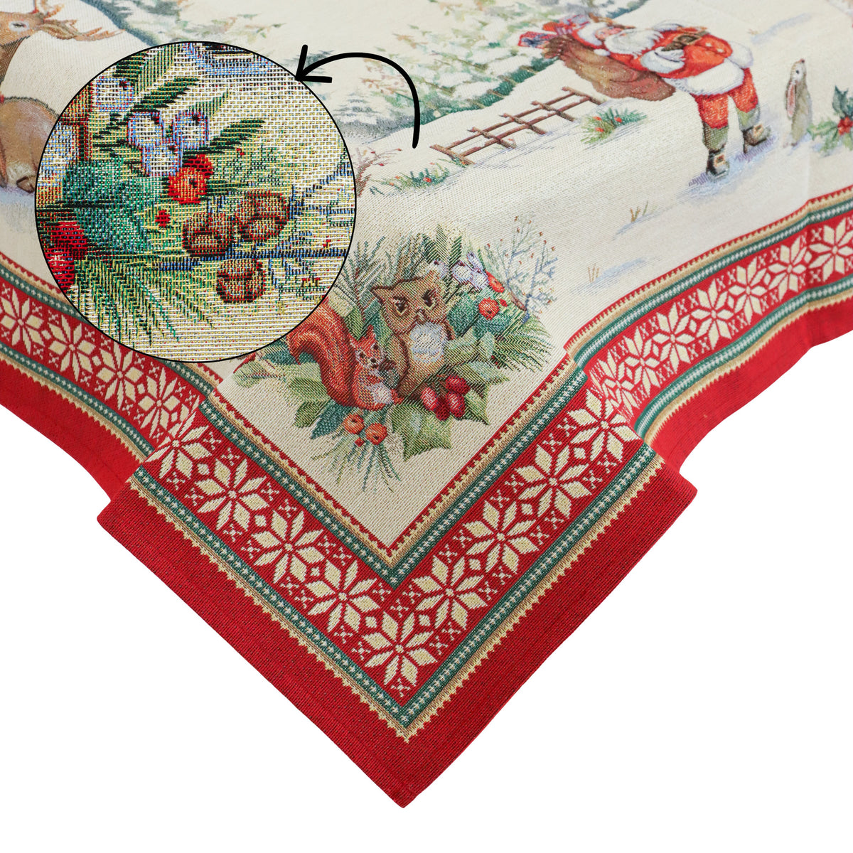 Karácsonyi asztalterítő – Télapós, szarvasos minta, 96×100 cm, gobelin, arany lurex