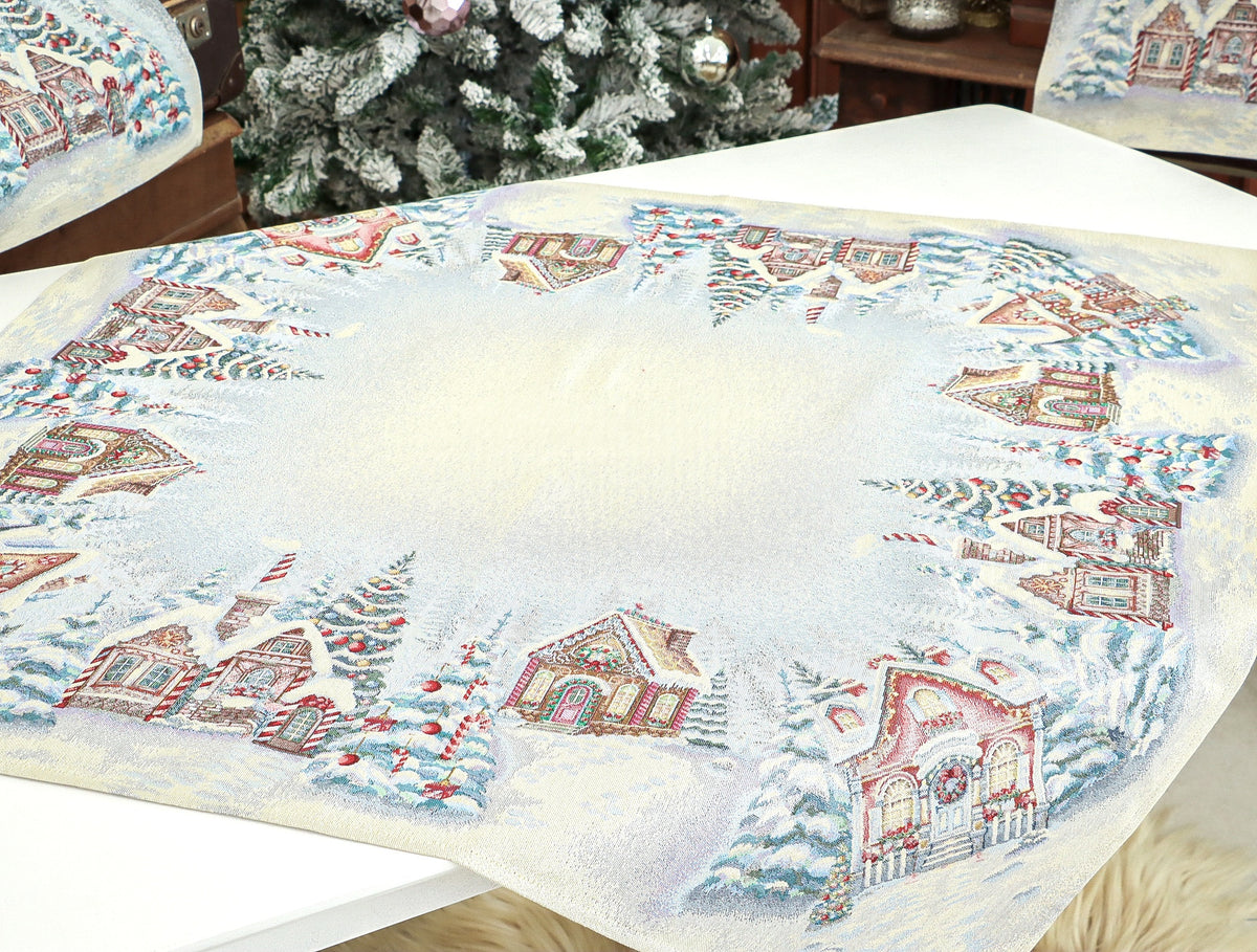 Karácsonyi asztalterítő – Mézeskalácsos minta, 96×100 cm, gobelin, ezüst lurex