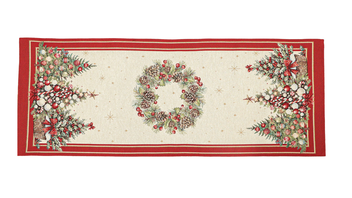 Karácsonyi asztali futó – Karácsonyfás, piros szélű mintás asztali futó, 37×100 cm, gobelin, arany lurex
