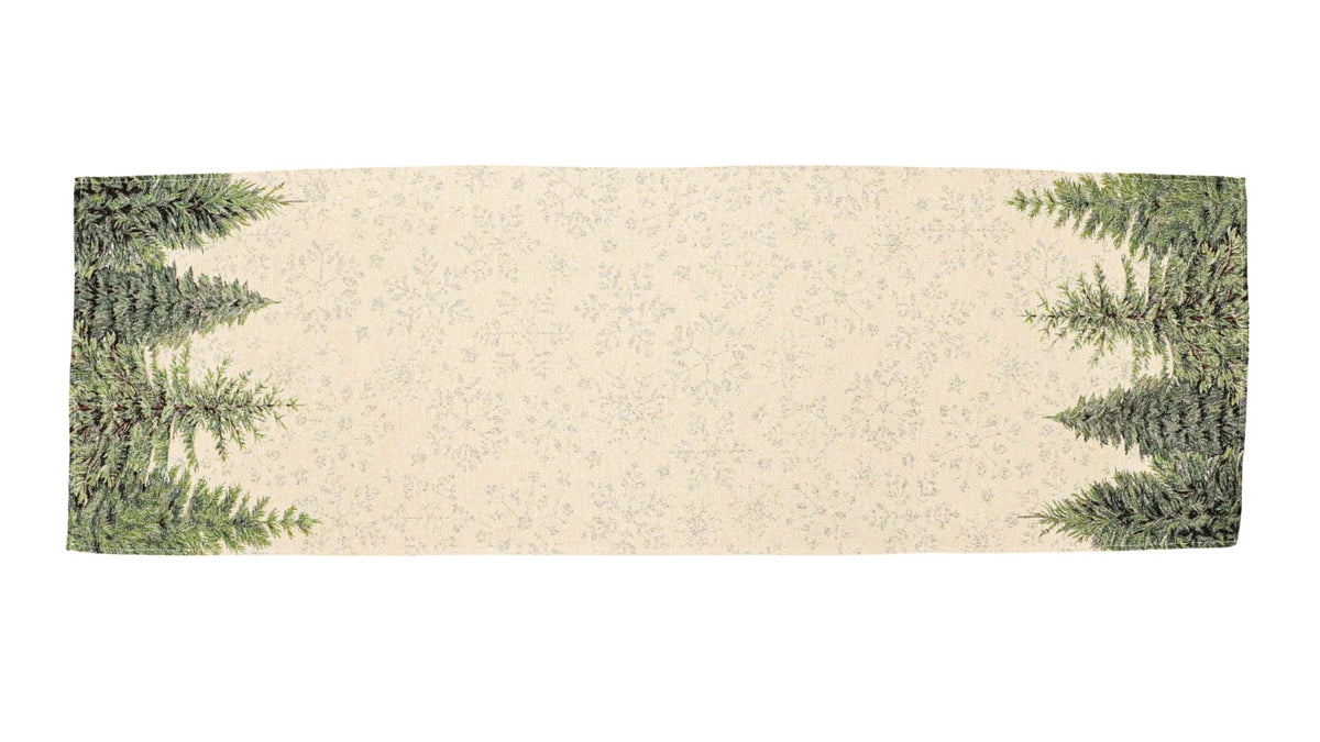 Karácsonyi asztali futó – Silver forest, fenyőfás mintás asztali futó, 44×140 cm, gobelin, ezüst lurex