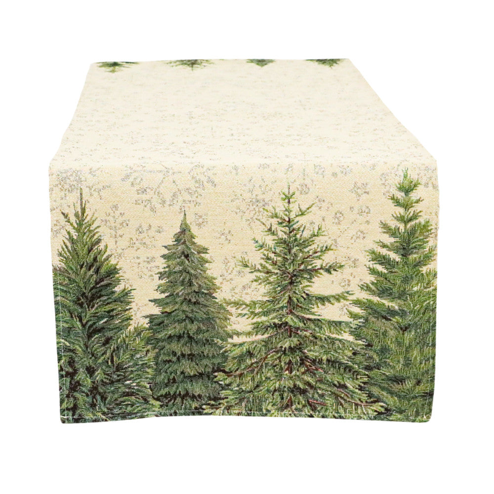 Karácsonyi asztali futó – Silver forest, fenyőfás mintás asztali futó, 44×140 cm, gobelin, ezüst lurex