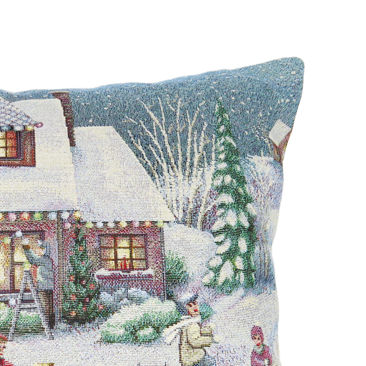 Karácsonyi díszpárnahuzat Winter kids hógolyózós, 45×45 cm – gobelin, ezüst lurexszel