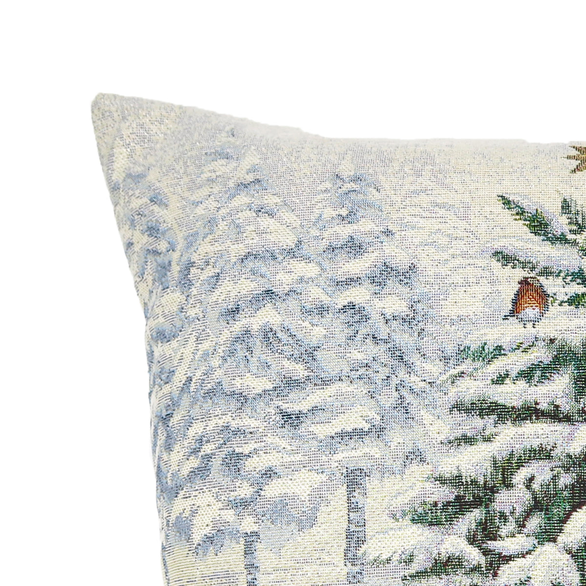 Karácsonyi díszpárnahuzat White forest nyuszik a hóban (zöld fenyős), 45×45 cm – gobelin, ezüst lurexszel