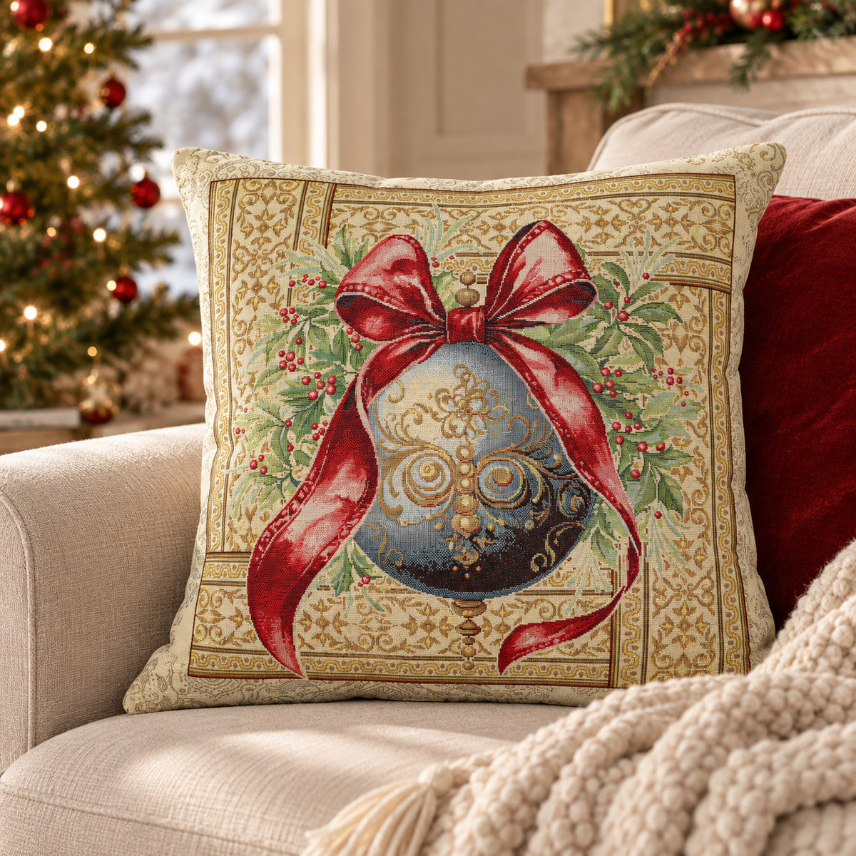 Karácsonyi díszpárnahuzat Amira gömbös, piros szalagos, 45×45 cm – gobelin, arany lurexszel