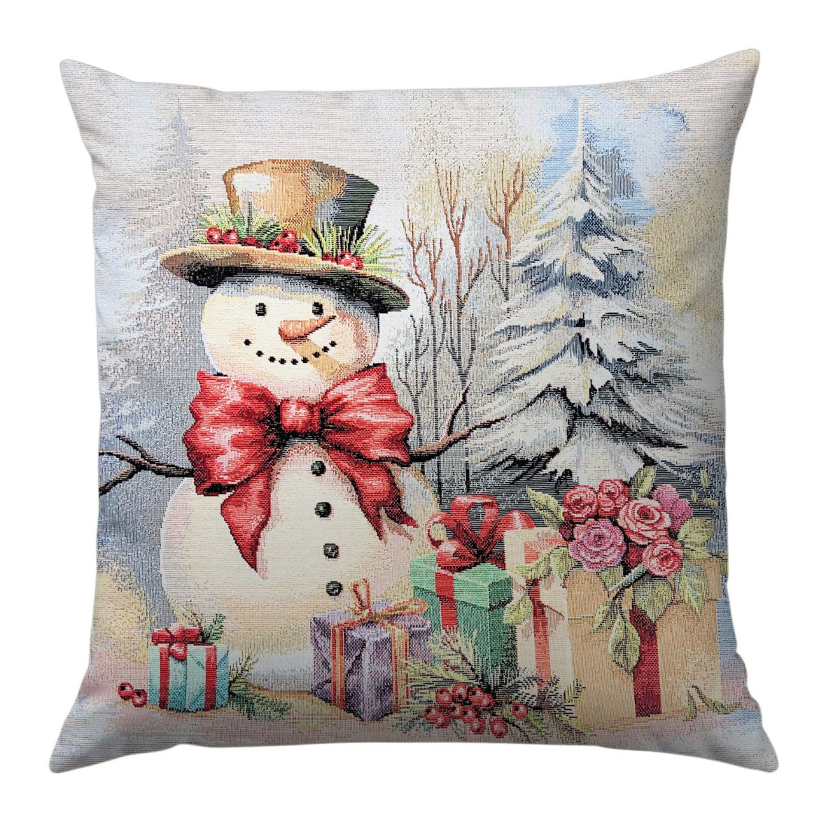Karácsonyi díszpárnahuzat Hóember az erdőben, 45×45 cm – gobelin, lurex nélkül