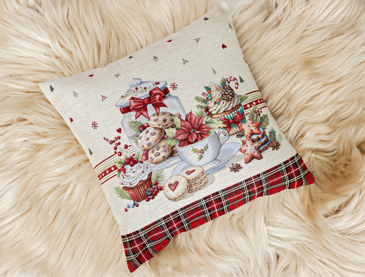 Karácsonyi díszpárnahuzat sütis, 45×45 cm – gobelin, ezüst lurexszel