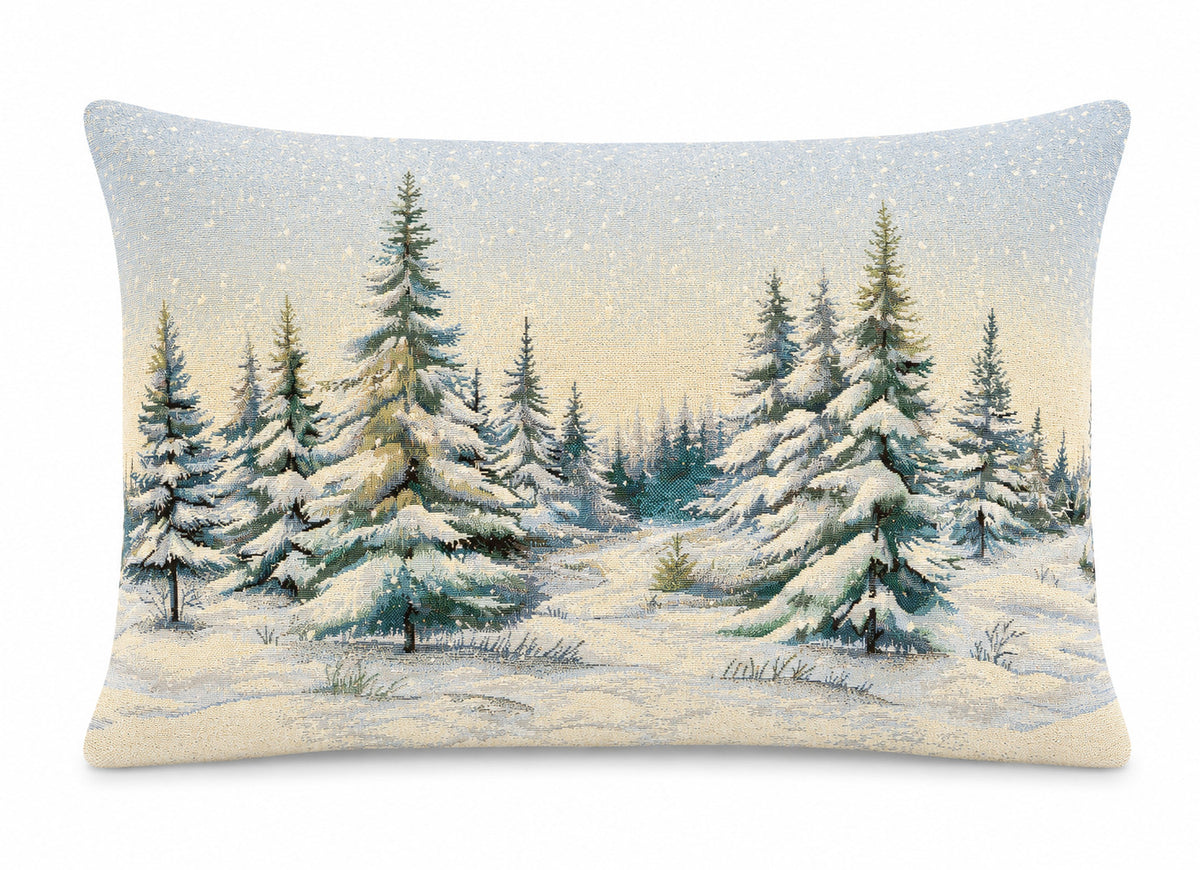 Karácsonyi díszpárna Havas fenyőerdő, 50×70 cm – gobelin, ezüst lurexszel