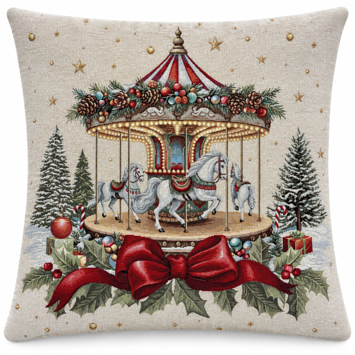 Karácsonyi díszpárnahuzat Körhintás, 45×45 cm – gobelin, arany lurexszel