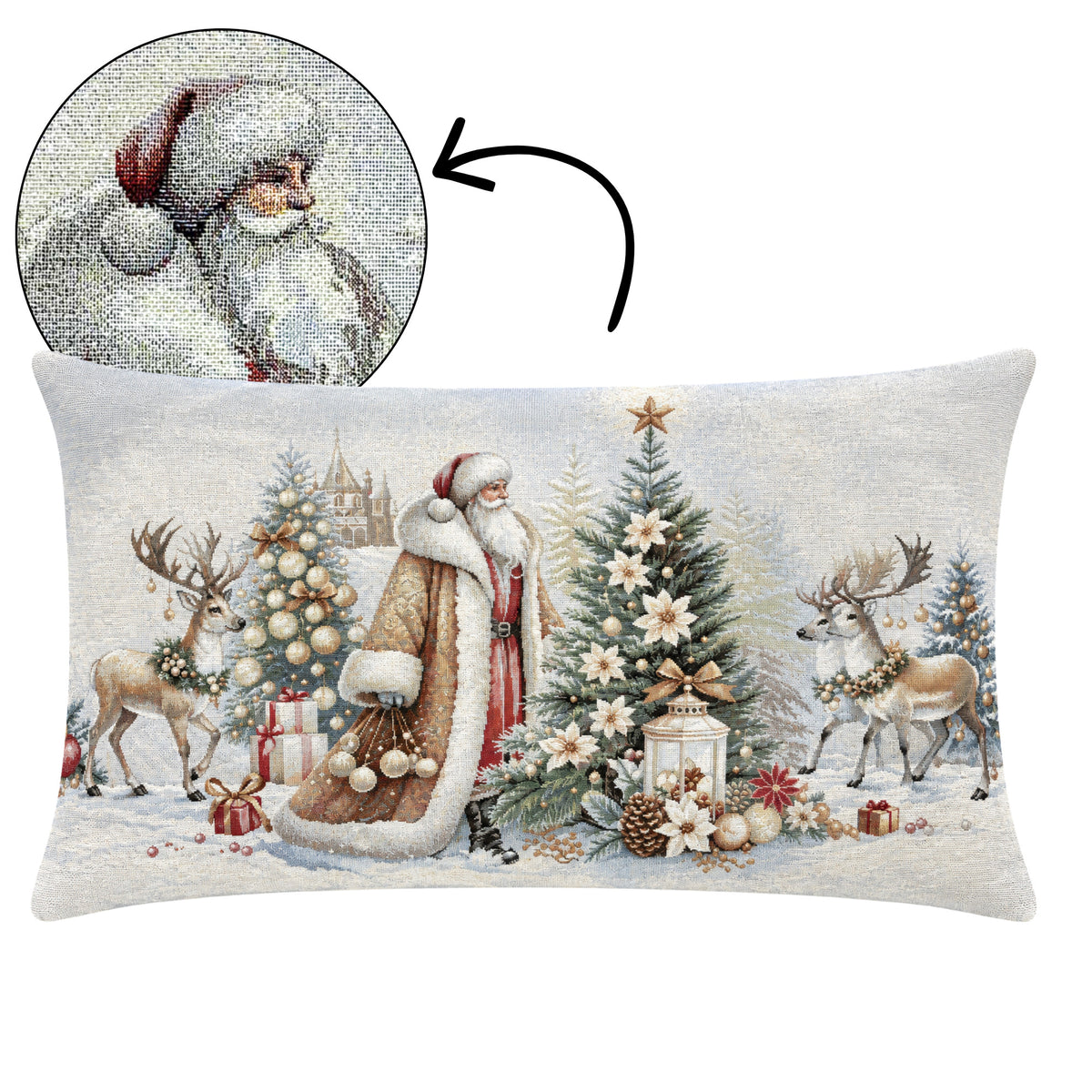 Karácsonyi díszpárna Mikulás arany palástban, 40×70 cm – gobelin, ezüst lurexszel