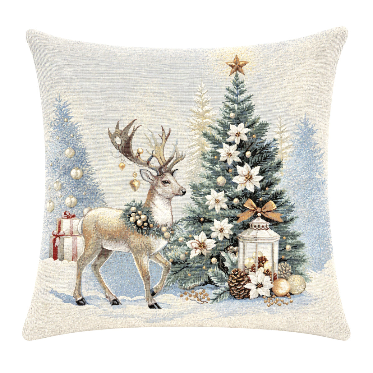Karácsonyi díszpárnahuzat Golden deer arany szarvasos, 45×45 cm – gobelin, ezüst lurexszel