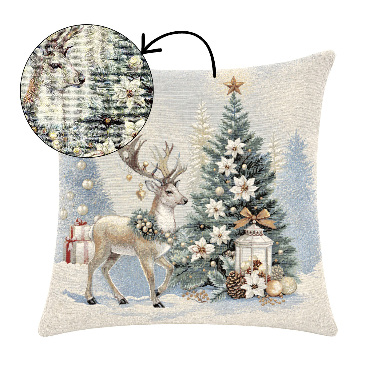 Karácsonyi díszpárnahuzat Golden deer arany szarvasos, 45×45 cm – gobelin, ezüst lurexszel