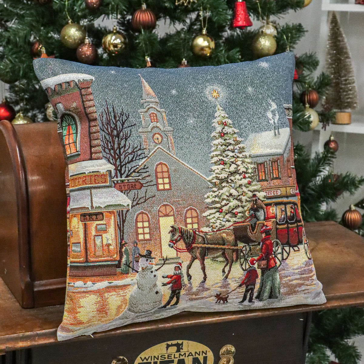 Karácsonyi díszpárnahuzat Városi fények, 45×45 cm – gobelin, arany lurexszel
