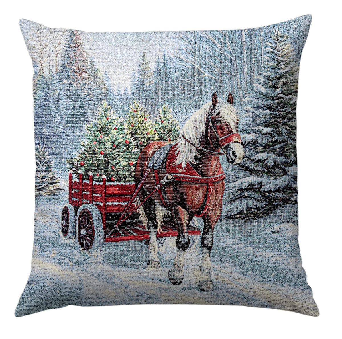 Karácsonyi díszpárnahuzat Lovaskocsi az erdőben, 45×45 cm – gobelin, ezüst lurexszel
