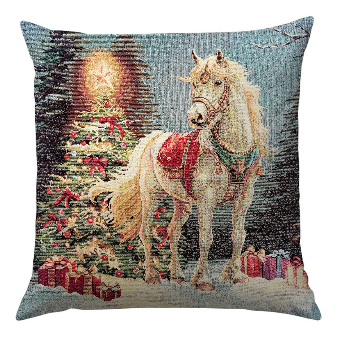 Karácsonyi díszpárnahuzat Fehér lovas, 45×45 cm – gobelin, arany lurexszel