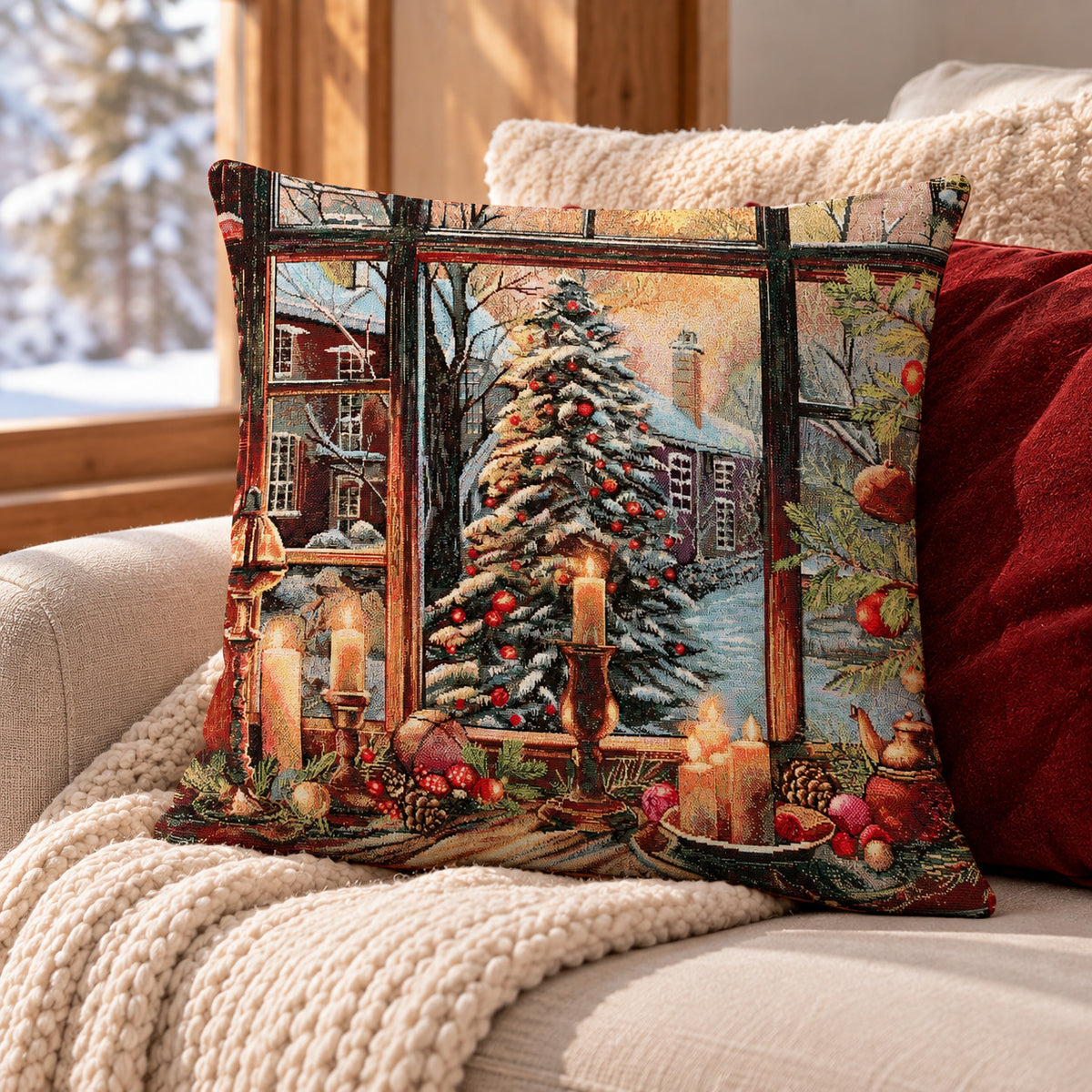 Karácsonyi díszpárnahuzat Gyertyafényes karácsony, 45×45 cm – gobelin, arany lurexszel