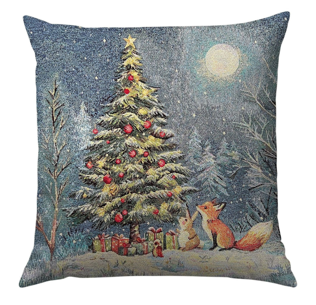 Karácsonyi díszpárnahuzat Csodafa az éjszakában, 45×45 cm – gobelin, arany lurexszel
