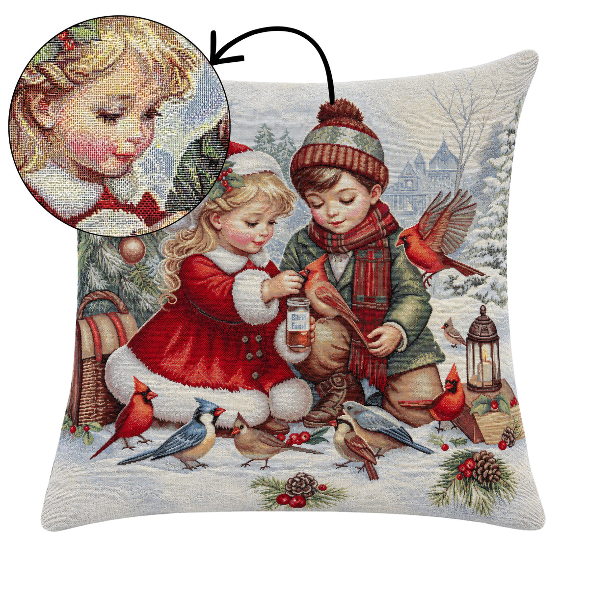 Karácsonyi díszpárnahuzat Gyerekek a hóban, 45×45 cm – gobelin, ezüst lurexszel