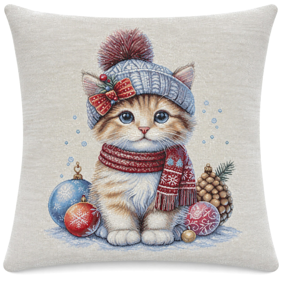 Karácsonyi díszpárnahuzat Kiscica sapkában, 45×45 cm – gobelin, ezüst lurexszel