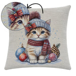 Karácsonyi díszpárnahuzat Kiscica sapkában, 45×45 cm – gobelin, ezüst lurexszel