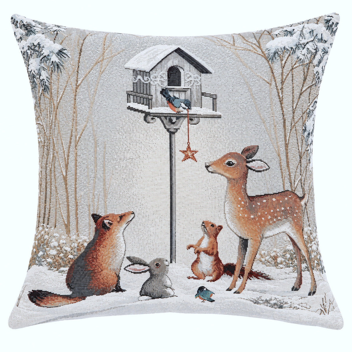 Karácsonyi díszpárnahuzat Téli erdő, 45×45 cm – gobelin, ezüst lurexszel