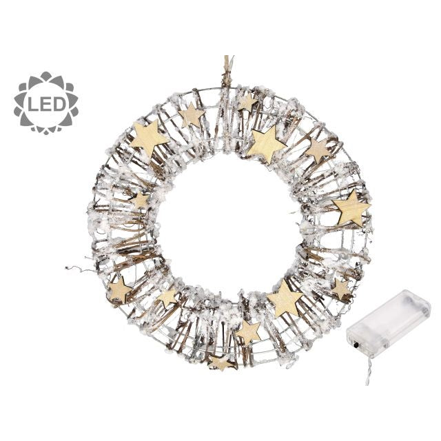 Karácsonyi koszorú csillaggal havas LED-es 35 cm