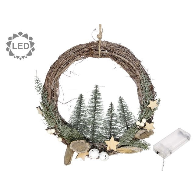 Karácsonyi koszorú fenyővel csillaggal, LED-es 30 cm