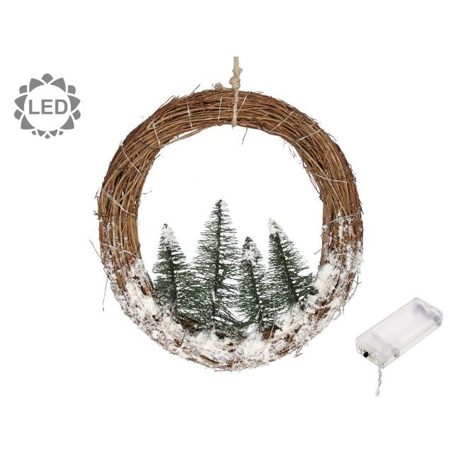 Karácsonyi koszorú fenyővel havas LED-es 30 cm