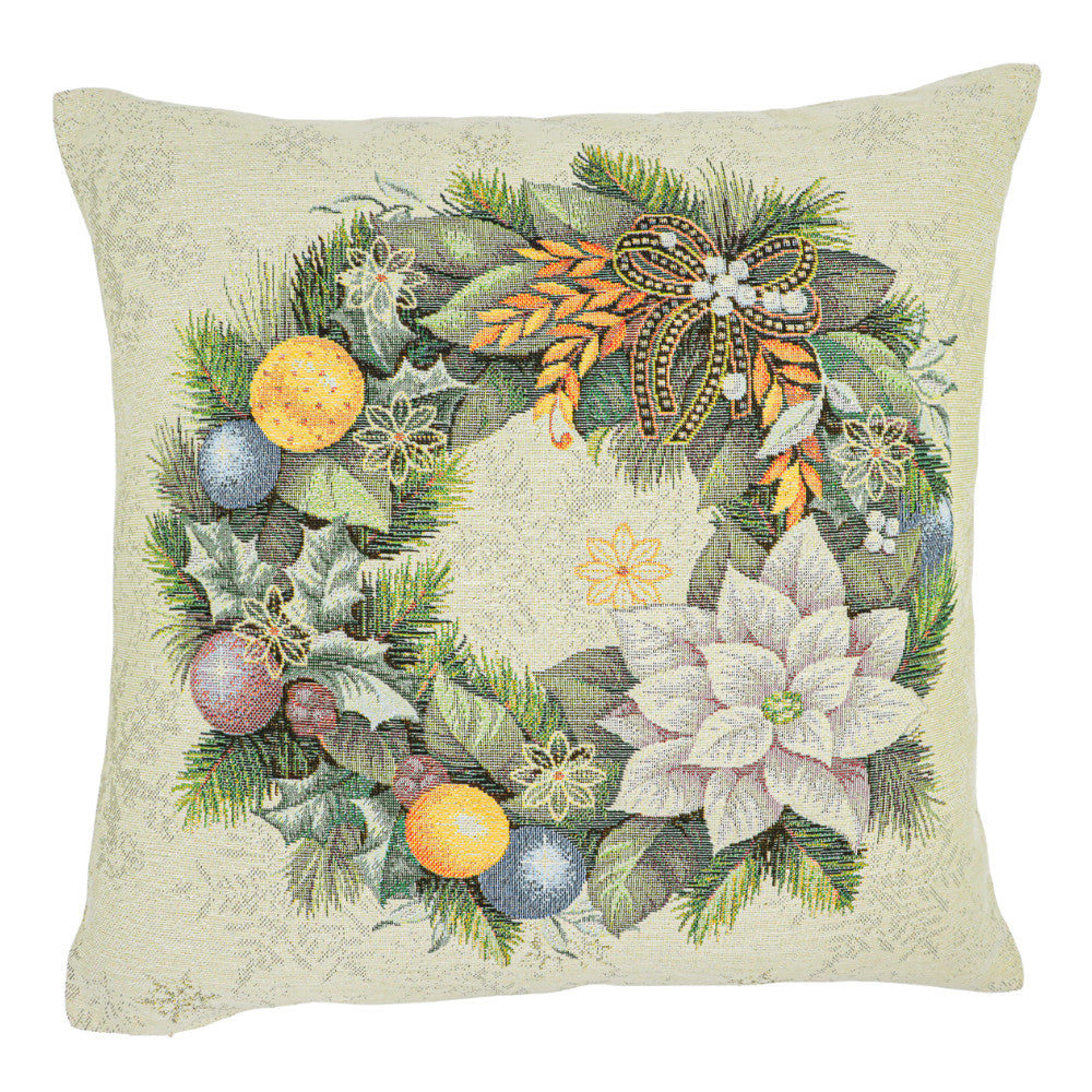 Karácsonyi díszpárnahuzat Advent koszorús, 45×45 cm – gobelin, arany lurexszel