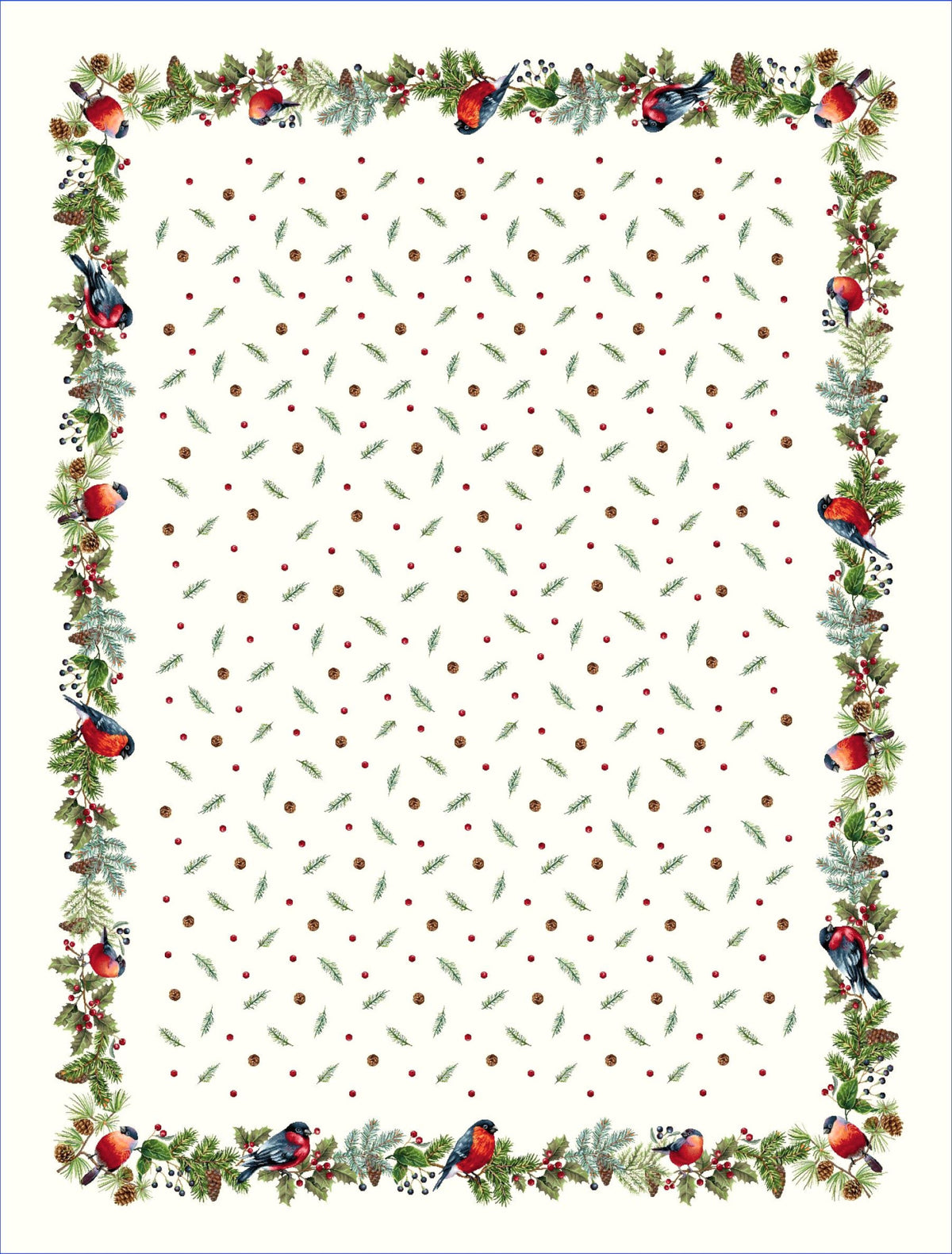 Karácsonyi asztalterítő – Kismadarak fenyőágon minta, 137×180 cm, gobelin, lurex nélkül