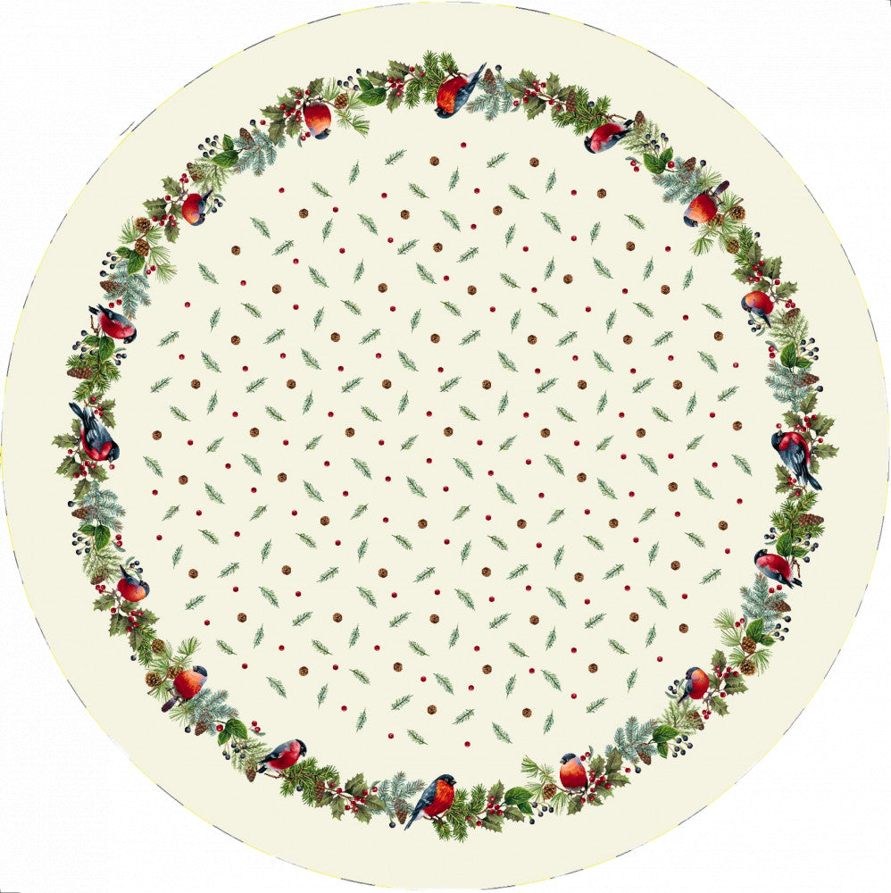 Karácsonyi asztalterítő – Kismadarak fenyőágon, kör alakú, 160 cm, gobelin minta, Ø 160 cm, gobelin, lurex nélkül