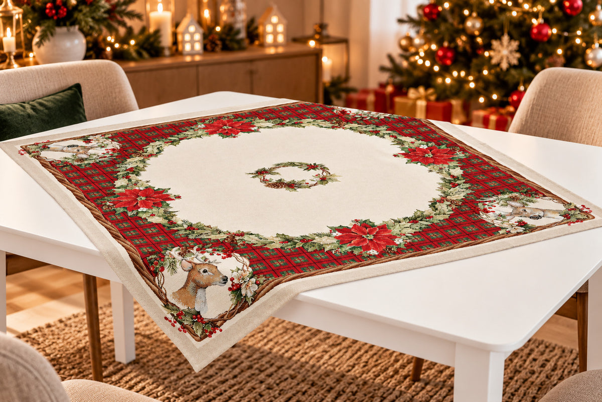 Karácsonyi asztalterítő – Harmony szarvasos minta, 96×100 cm, gobelin, lurex nélkül