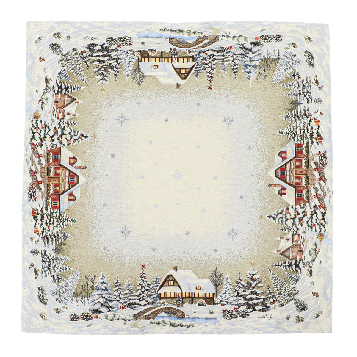 Karácsonyi asztalterítő – Alpesi barna házikós minta, 96×100 cm, gobelin, lurex nélkül