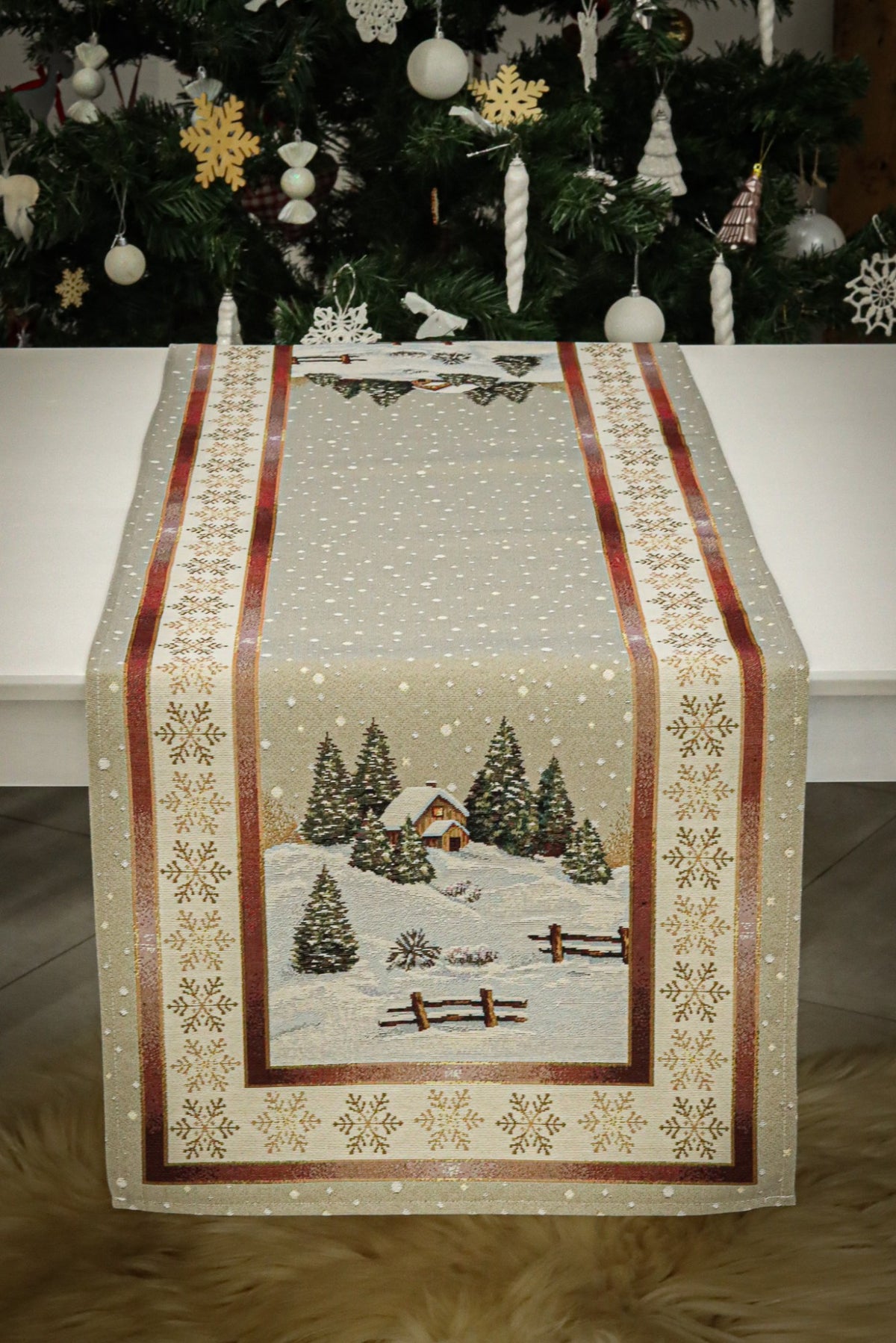 Karácsonyi asztali futó – Csendes éj 2 mintás asztali futó, 44×140 cm, gobelin, lurex nélkül
