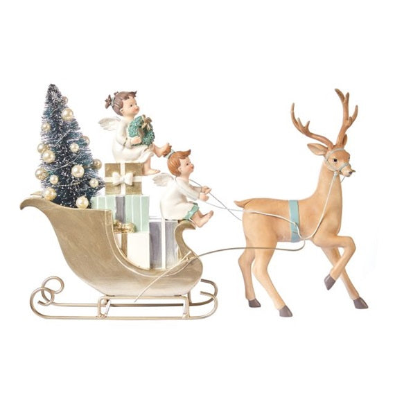 Karácsonyi szán szarvassal, angyalokkal LED 25 cm