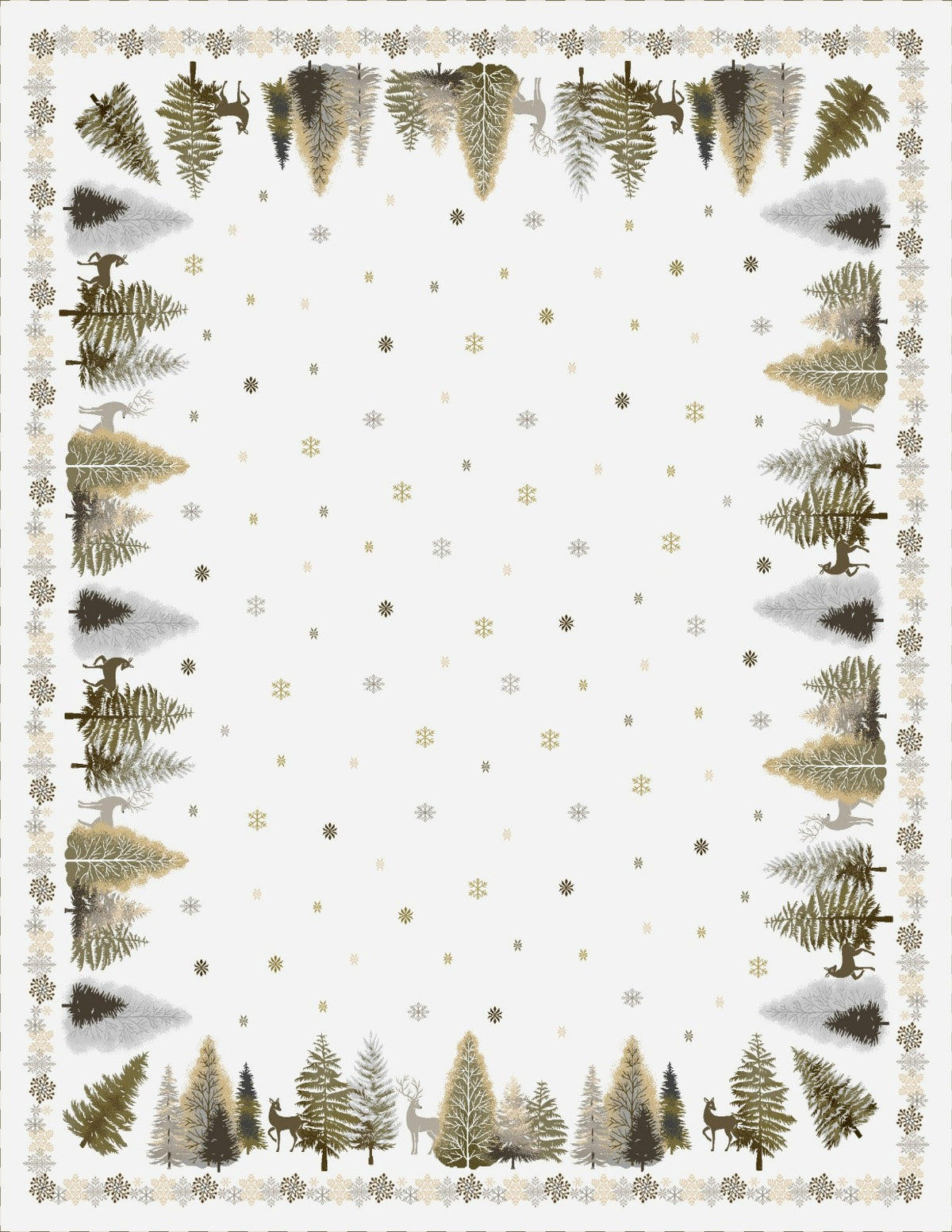 Karácsonyi asztalterítő – Arany szarvas és fenyő mintás minta, 137×180 cm, gobelin, arany lurex