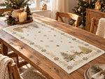 Karácsonyi asztali futó – Arany szarvas és fenyő mintás mintás asztali futó, 44×140 cm, gobelin, arany lurex