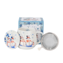 Karácsonyi Porcelán bögre tetővel, fém szűrővel, 430 mldobozban, Snowman