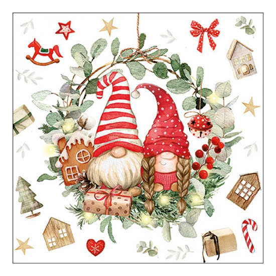 Karácsonyi szalvéta Gnomes in wreath 33x33 cm 20 db-os
