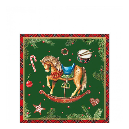 Karácsonyi szalvéta Classic rocking horse green 25x25 cm 20 db-os