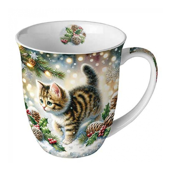 Cute cat in the snow karácsonyi porcelán bögre 0,4l