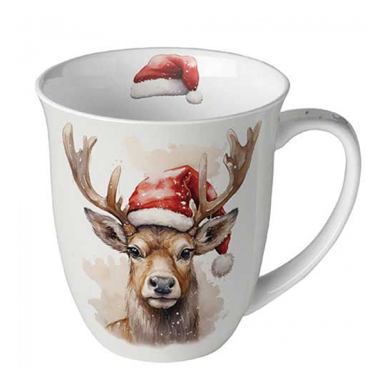 Deer with Santa hat white karácsonyi porcelán bögre 0,4l