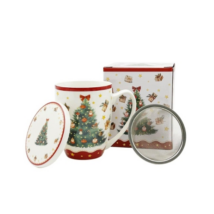 Karácsonyi Porcelán bögre tetővel, fém szűrővel, 360 mldobozban, Christmas Tree 3