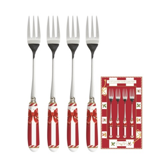 Karácsonyi Rozsdamentes acél süteményes villa szett 4 db-os porcelán nyéllel Christmas Tale
