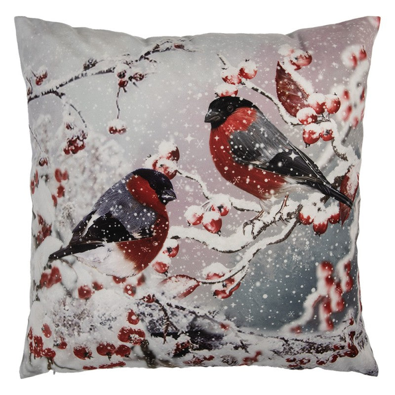 Karácsonyi párnahuzat 45x45 cm madarak havas csipkebogyó ágakon