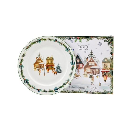 Karácsonyi Porcelán tányér 27 cm dobozban, Christmas Village