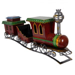 Nagy piros fém gőzmozdonyos vonat két vagonnal karácsonyi dekoráció