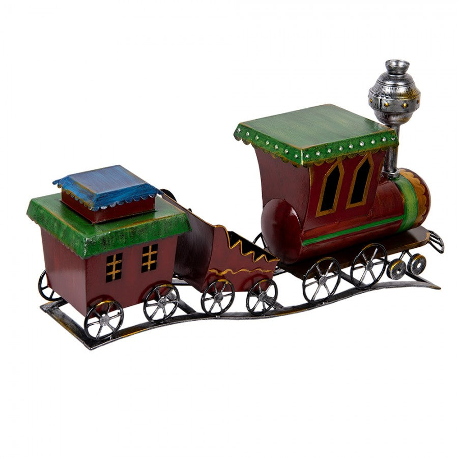 Nagy piros fém gőzmozdonyos vonat két vagonnal karácsonyi dekoráció