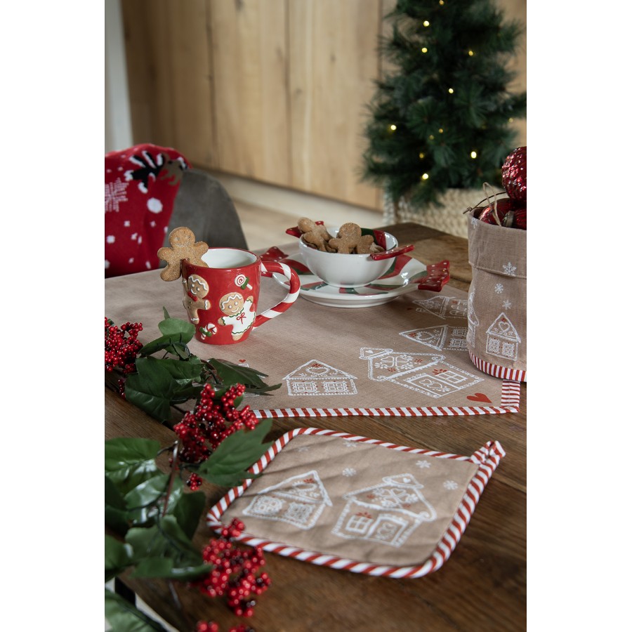 Karácsonyi pamut asztali futó 50x160 cm mézeskalács házikó mintával