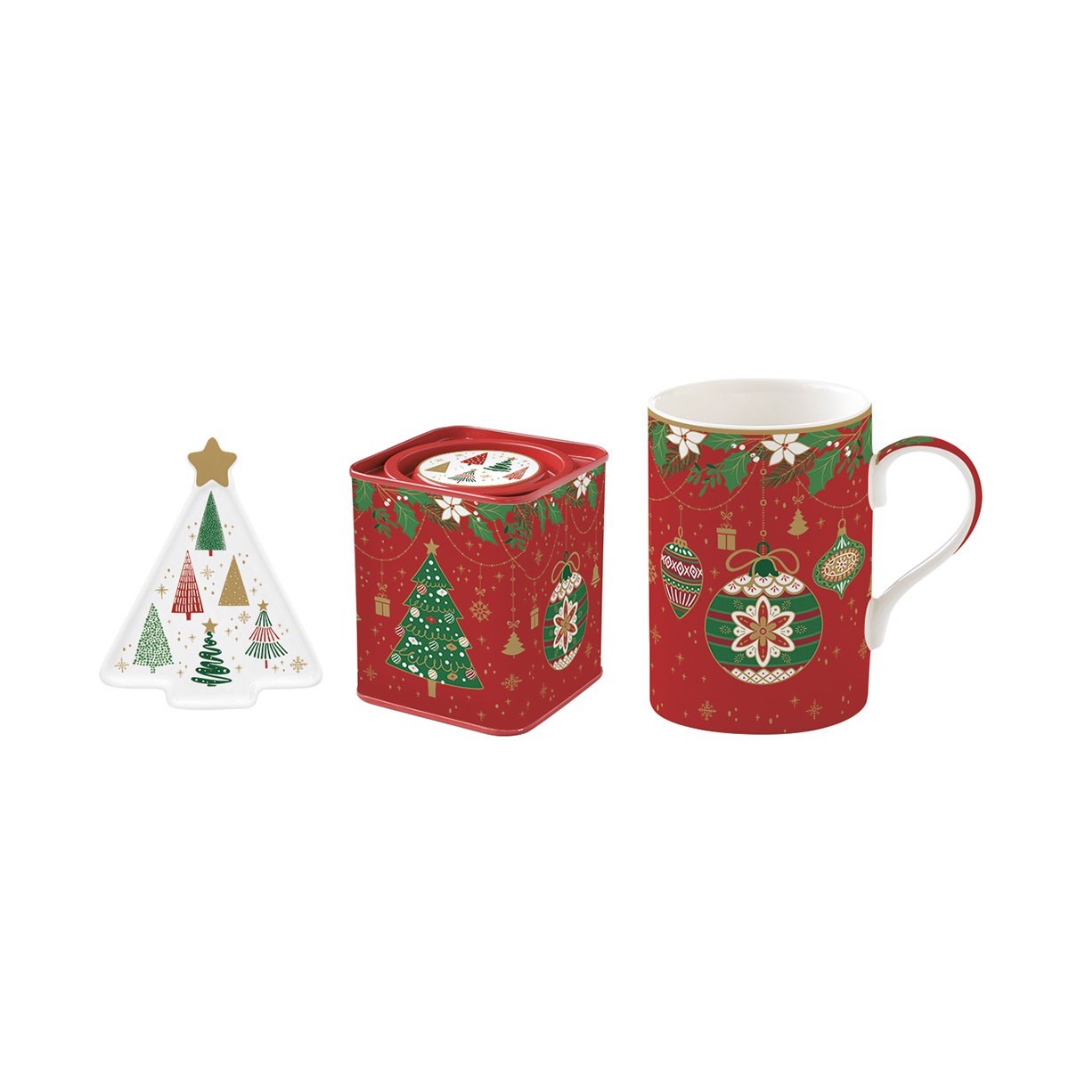 Porcelán teás bögre teafiltertartóval fémdobozzal szett karácsonyi mintával Jingle Bells